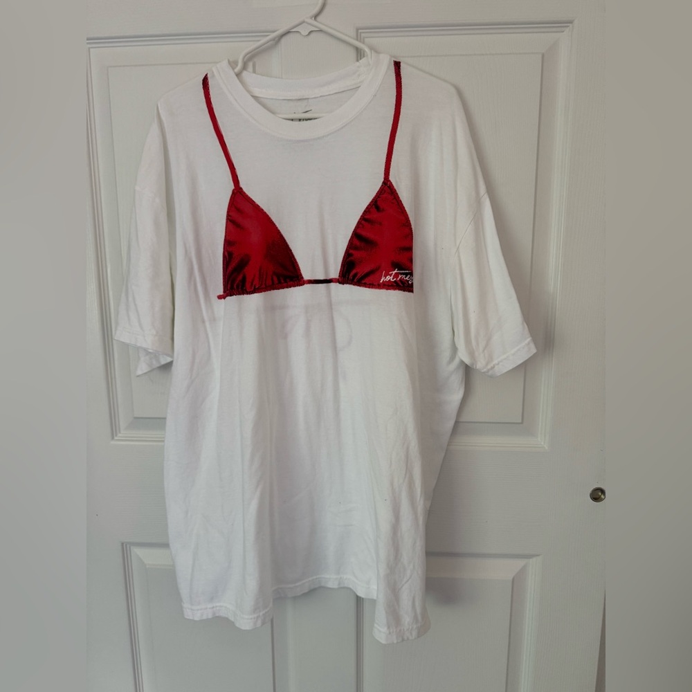 White T-Shirt with Red Bikini Print